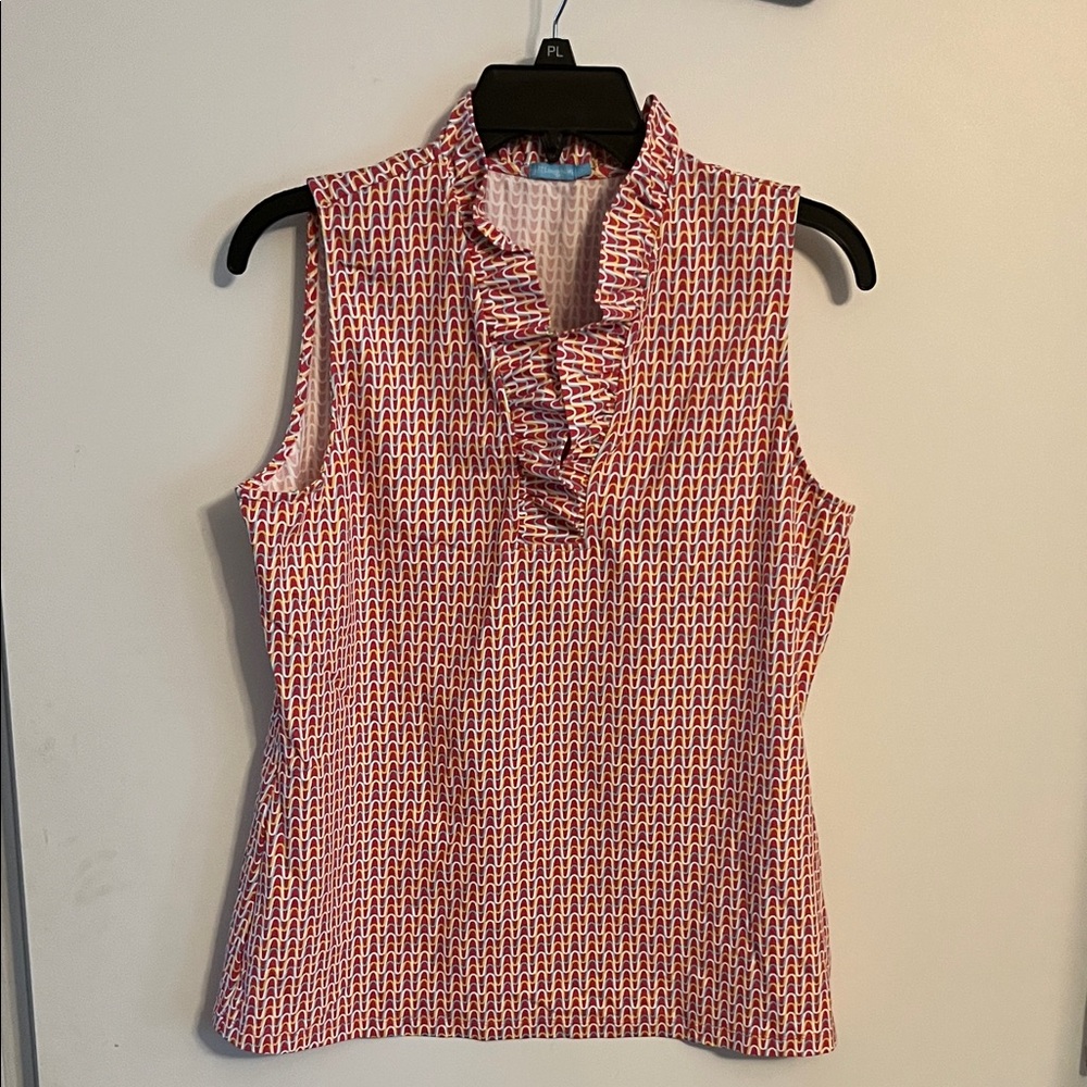 J. McLaughlin Durham coral and White Sleeveless Ruffle Blouse.
